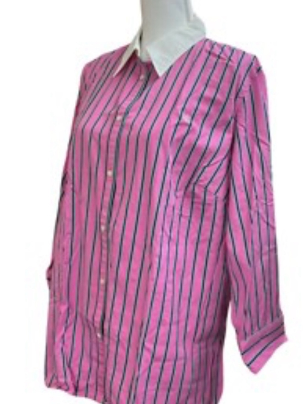 Ralph Lauren Pink Button-Down Shirt with Navy Stripes and White Collar